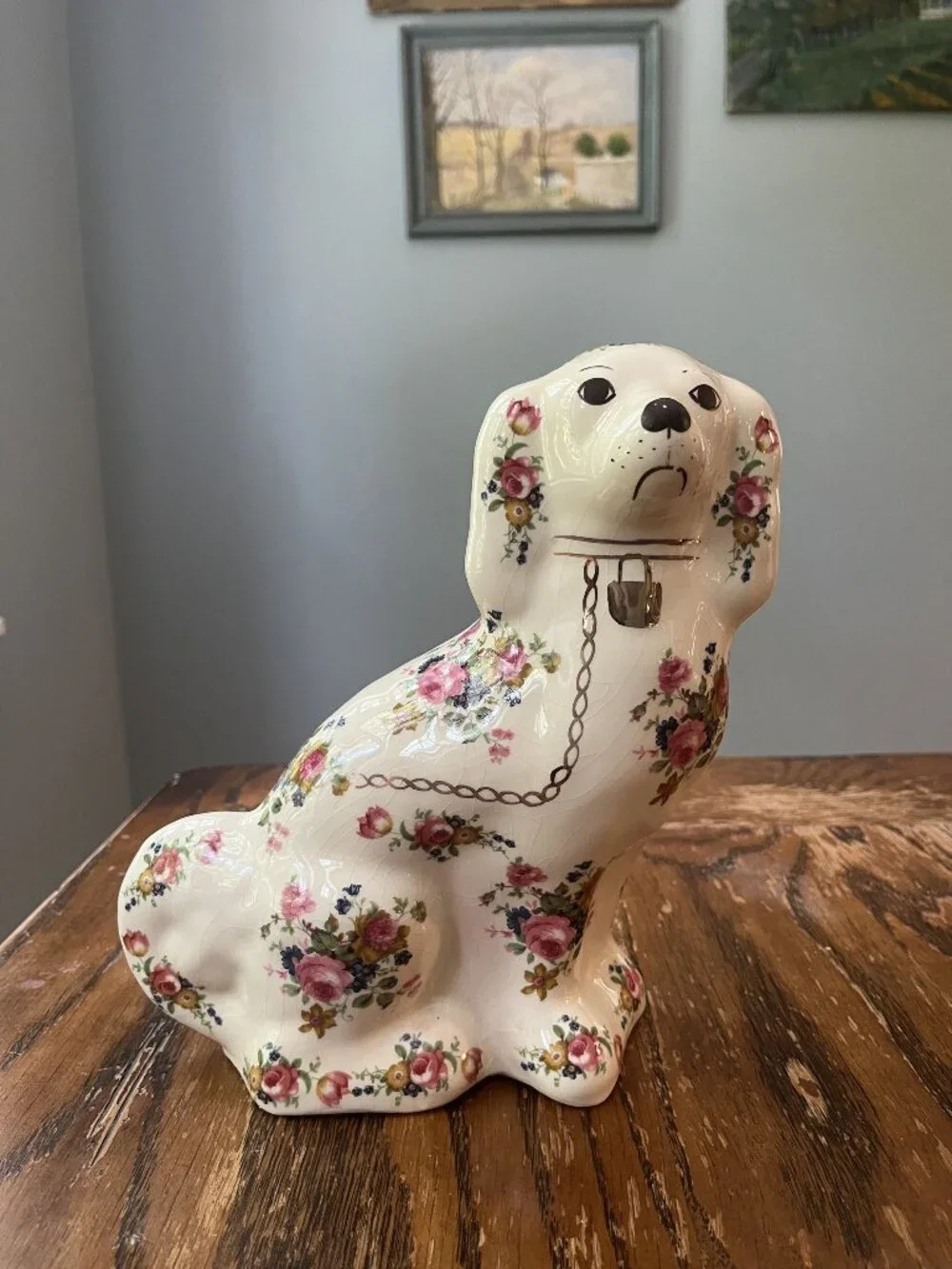 Vintage Large Rose Chintz Staffordshire Spaniel Dog Figurine - English Country D
